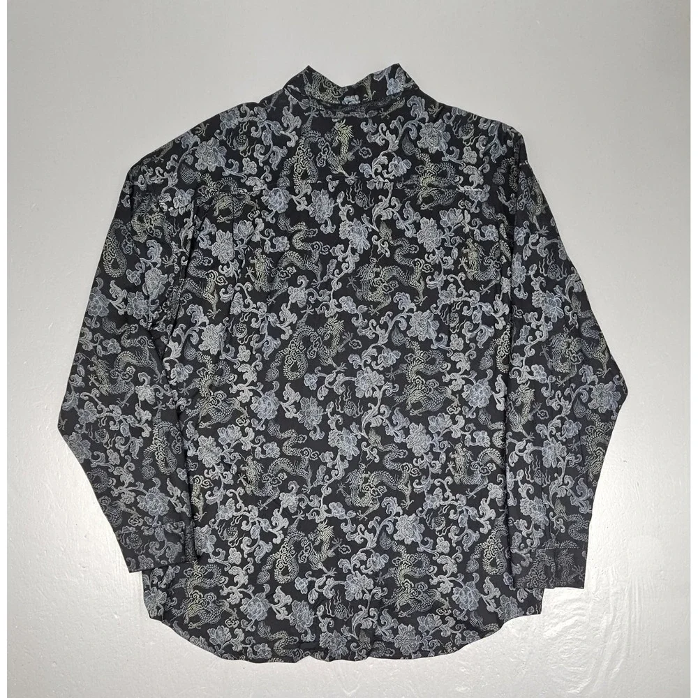 Vintage‎ Guess Jeans Button Up Shirt Mens XXL Black Rayon Asian AOP Longsleeve